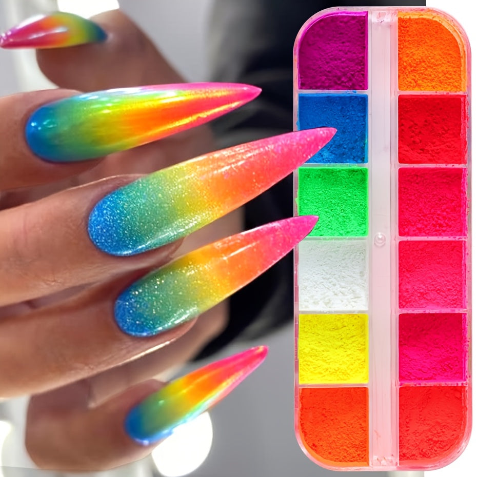 12 Grids Colorful Neon Powder Fluorescent Nail Glitter Charm DIY Nails Art Decorations Dust Manicure Drawing